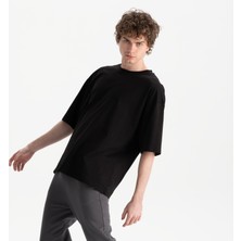 Uniu Erkek Siyah Oversize Bisiklet Yaka  Organik Pamuk T-Shirt
