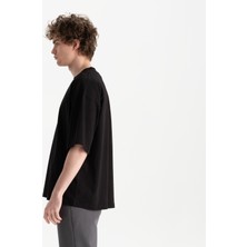 Uniu Erkek Siyah Oversize Bisiklet Yaka  Organik Pamuk T-Shirt