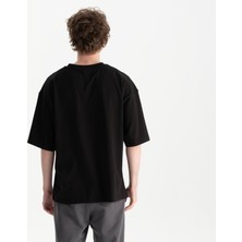 Uniu Erkek Siyah Oversize Bisiklet Yaka  Organik Pamuk T-Shirt