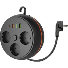 Caddemia 3 Adet Soket,3 Adet USB ve 1 Adet Type-C Girişli Termal Akım Korumalı Makaralı Priz 3395 (4434)