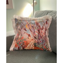 Decofav Sulu Boya Ormanda Dans Eden Kadın Desenli Dijital Baskılı Kadife Kırlent Kılıfı Saçaklı