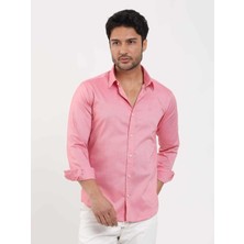 Dufy Açık Kırmızı Erkek Slim Fit Düz Brent Düğmeli Yaka Uzun Kol Gömlek