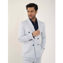 Dufy Mavi Erkek Slim Fit Çizgili Kruvaze Yaka Takım Elbise