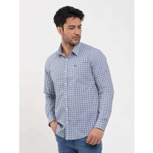 Dufy Mavi Erkek Slim Fit Puantiyeli Brent Düğmeli Yaka Uzun Kol Gömlek - 104354