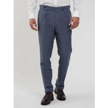 Dufy İndigo Erkek Slim Fit Çizgili Keten Pantolon