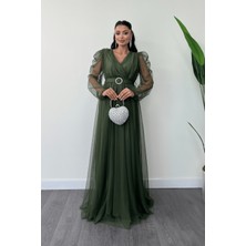 Giyimmasalı Tül Kumaş Kruvaze Yaka Maxi Elbise - Haki Yeşili