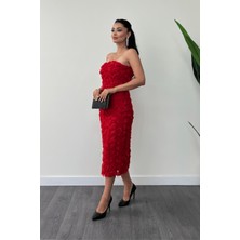 Giyimmasalı Üç Boyutlu Kumaş Bolero Detaylı Kalem Elbise - Kırmızı