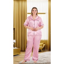 Pembe Beyaz Çizgili 2XL-3XL-4XL Beden Pijama Takımı