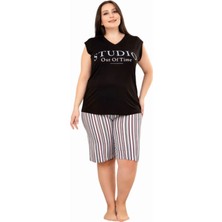 Siyah Çizgili Desenli 2XL-3XL-4XL Beden Kolsuz Şortlu Takım