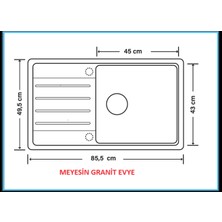 Meyesin Granit Evye Antrasit Tek Göz Damlalıklı Mutfak Evyesi 86X50 Cm.