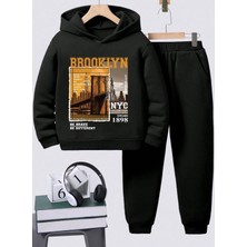 Kids Face Özel Tasarım Kapüşonlu Brooklyn Dijital Baskılı Şardonlu Kışlık Stil Erkek Çocuk Eşofman Takımı