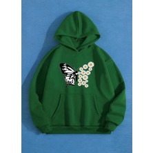 Amor Man Büyük Beden Özel Tasarım Kapüşonlu Papatyalar Kelebek Baskılı Şardonlu Şık Battal Kadın Sweatshırt