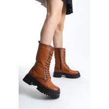 Shoemix Taba Kadın  Deri Fermuarlı Bağcıklı Bot
