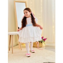 Hly Karol Tasarım Beyaz Mavi Kemerli Vintage Elbise, Özel Dikim Çocuk Elbisesi, Doğum Günü Elbisesi,0-10 Yaşa Uygun