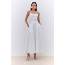 Manuka Saten Kloş Abiye Etek Ekru