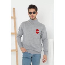 Unisex Yarım Boğazlı Baskılı Dokuma Triko - Gri