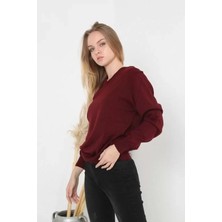 Modahayzey Unisex Uzun Kol V Yaka Triko Kazak - Bordo