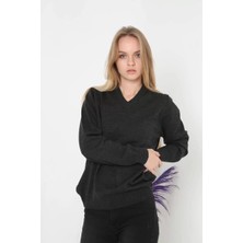 Fi Labels Unisex Uzun Kol V Yaka Triko Kazak - Füme