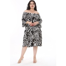 Şans Kadın Büyük Beden Siyah Dokuma Viskon Kumaş Yakası Lastikli Kısa Kollu Elbise 65N38173