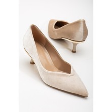 Dilimler Ayakkabı Büyük Numara Kaife V Yüzlü Bej Kadın Kısa Topuklu Ayakkabı