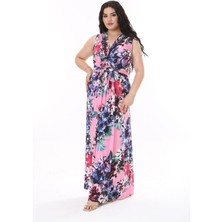 Şans Kadın Büyük Beden Renkli Göğüs Büzgü Detaylı Uzun Elbise 65N38153