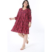 Şans Kadın Büyük Beden Renkli V Yakalı Belden Büzgülü Kapri Kol Elbise 65N38200