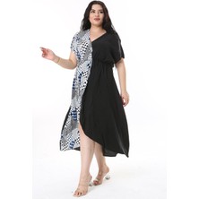 Şans Kadın Büyük Beden Lacivert Anvelop Yakalı Beli Lastikli Kısa Kollu Garnili Elbise 65N38190