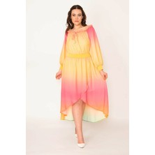 Şans Tekstil Kadın Renkli Yaka ve Beli Lastik Detaylı Arkası Uzun Astarlı Şifon Abiye Elbise