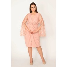 Şans Tekstil Kadın Kemik Ön Büzgü ve Kolları Dantel Detaylı Astarlı Abiye Elbise