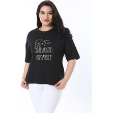 Şans Kadın Büyük Beden Siyah Ön Baskılı Kısa Kollu Bluz 65N38224