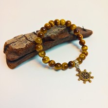 Ayre Style Kaplan Gözü ve Gemi Dümeni Sembolü Detaylı Doğal Taş Bileklik - 8mm Küre Kesim - Cesaret ve Kararlılık Bilekliği - Women Collection