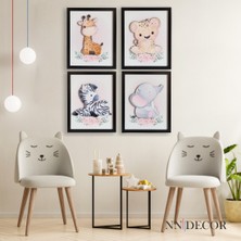 Nn Decor Safari Hayvanlar 4'Lü Set | 3 Boyutlu, Ahşap, Çocuk Odası Tablo Seti, Çerçeveli | Baskı & El Boyaması