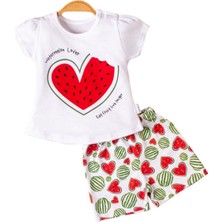 Kız Bebek Beyaz Kırmızı Kalpli Karpuz Baskılı Şortlu 2'li Takım