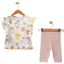 Kız Bebek Ekru Pudra Kayısı Baskılı Taytlı 2'li Takım