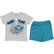 Erkek Bebek Beyaz Mavi Baykuş Baskılı Çizgili Şortlu Takım