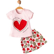 Kız Bebek Pembe Kırmızı Kalpli Karpuz Baskılı Şortlu 2'li Takım
