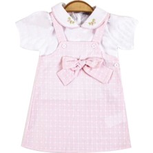 Kız Bebek Ekru Pembe Ekoseli Fiyonklu Jile Elbise Takım