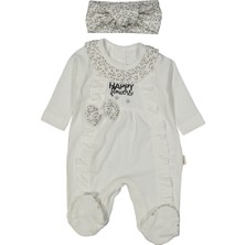 Bebegen Kız Bebek Ekru Kalp Desenli Happy Yazılı Fiyonklu Bandanalı Tulum