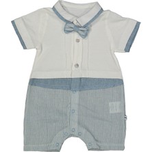 Bebegen Erkek Bebek Ekru Mavi Çizgili Papyonlu Şortlu Tulum