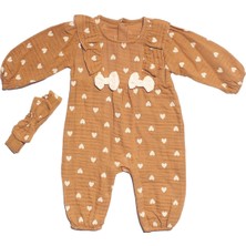 Bebegen Kız Bebek Kahve Kalp Desenli Fiyonklu Bandanalı Müslin Tulum