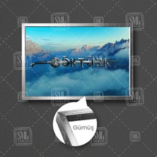 Sml Tablo Işlemeli Göktürk Yazısı Dağ Manzarası Göktürk Türkleri Çerçeveli Yatay Kanvas Tablo