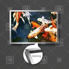 Sml Tablo Turuncu Koi Balığı Sürüsü Ilüstrasyonu Akvaryum Hobi Sualtı Çerçeveli Yatay Kanvas Tablo