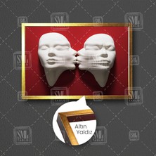 Sml Tablo Kırmızı Duvardan Çıkan Alçı Görünümlü Heykel Öpüşen Romantik Çift Çerçeveli Yatay Kanvas Tablo