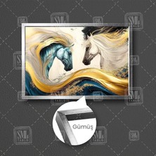 Sml Tablo Beyaz Ve Mavi At Karşılıklı Gold Dalgalar Çerçeveli Yatay Kanvas Tablo