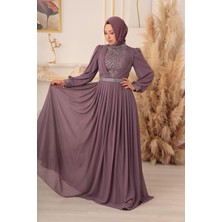 Yıldız Abiye Taş ve Plise Detaylı Şifon Tesettür Abiye (K17925)