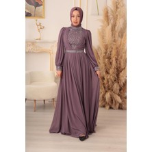 Yıldız Abiye Taş ve Plise Detaylı Şifon Tesettür Abiye (K17925)