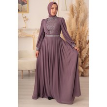Yıldız Abiye Taş ve Plise Detaylı Şifon Tesettür Abiye (K17925)