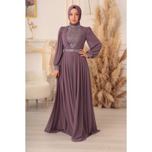 Yıldız Abiye Taş ve Plise Detaylı Şifon Tesettür Abiye (K17925)