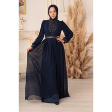 Yıldız Abiye Taş ve Plise Detaylı Şifon Tesettür Abiye (K17925)