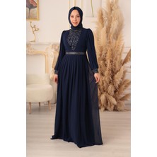 Yıldız Abiye Taş ve Plise Detaylı Şifon Tesettür Abiye (K17925)